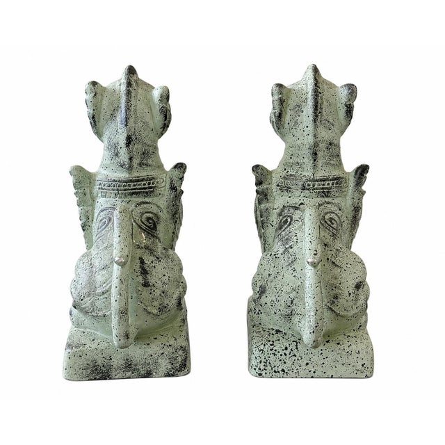 Asian Pair of Vintage Asian Foo Dog Guardian Lion Stone Temple Statues – Weathered Green Finish For Sale - Image 3 of 4