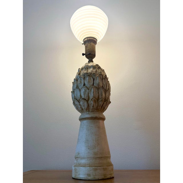 Vintage Hollywood Regency Artichoke Table Lamps, Pair with Ribbed Milk Glass Globes A striking pair of vintage Hollywood...