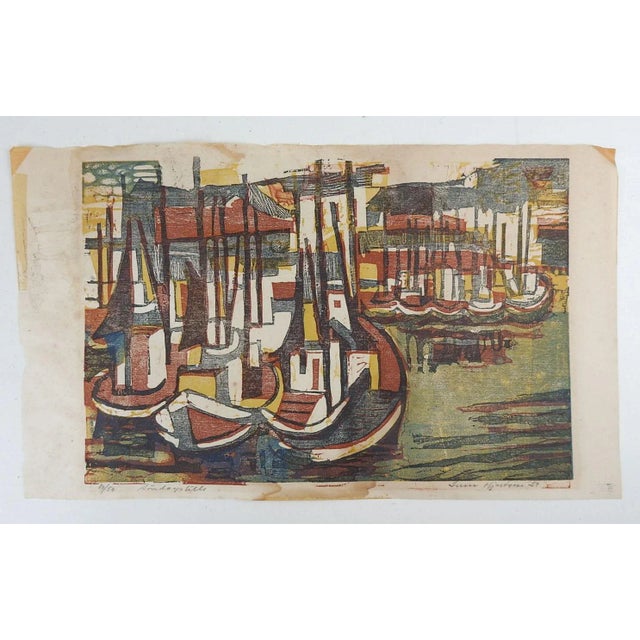 Vintage Mid Century Abstract Harbor Woodcut Print For Sale - Image 4 of 6