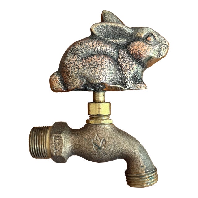 Vintage Natural Patinated Brass Rabbit Garden Water Spigot For Sale