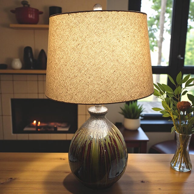 Earth-Toned Mid Century Ceramic Drip Glaze Lamp With Cream Tapered Drum Shaped Shade For Sale - Image 9 of 12