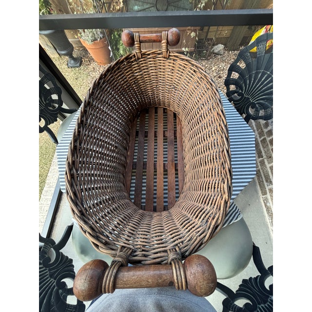Brown Vintage French Wicker Basket With Turned Wood Handles & Wood Slatted Base For Sale - Image 8 of 16