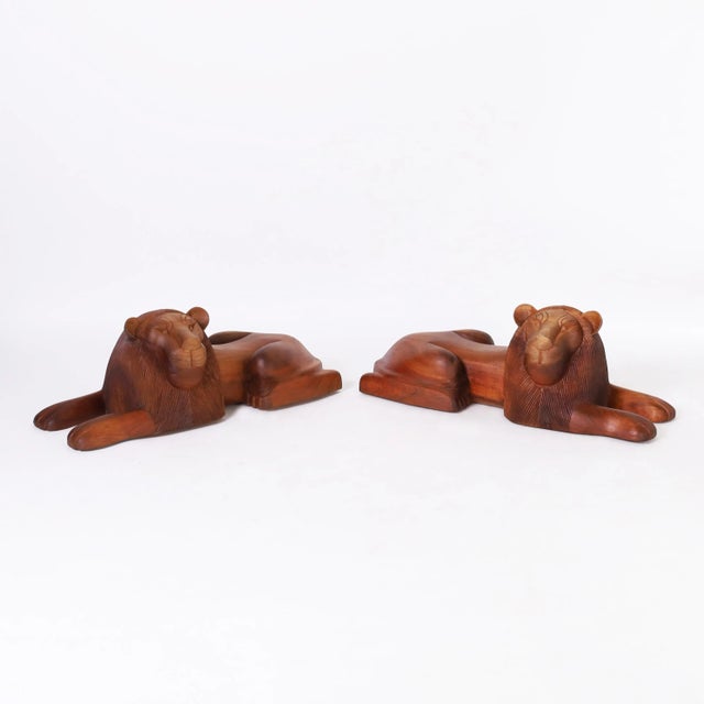 Mid-Century Modern Pair of Carved Wood Lions From Minas Gerais For Sale - Image 3 of 10