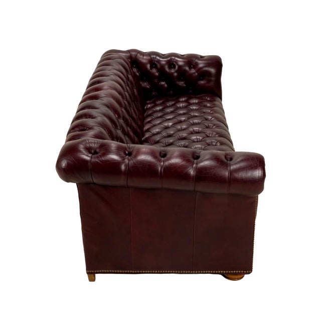 Vintage 1970s Tufted English Chesterfield Style Burgundy Leather Sofa 76" For Sale - Image 15 of 18