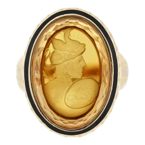 Antique Style Citrine Cameo Diamond Gold Ring, Size 7