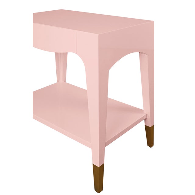 Contemporary Matthew Izzo Home Ronny Glossy Light Pink One Drawer Side Table With Antique Brass Foot Caps For Sale - Image 3 of 6