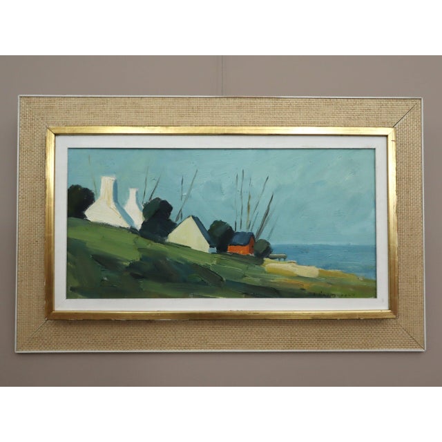 RED CABIN BY THE SHORE Size: 16.7 x 26.6 inches (including frame) Oil on canvas A charming and expressive mid-century...