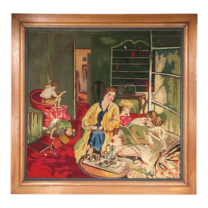 Victorian Style Framed Needlepoint Depicting a Family Parlor Scene