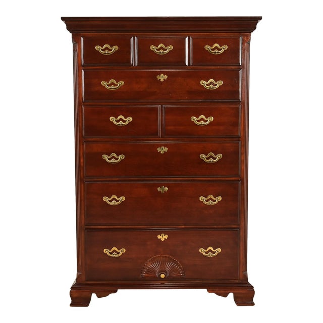 Thomasville Georgian Carved Cherry Wood Highboy Dresser, Circa 1980s For Sale