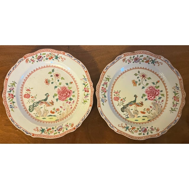 Antique 18th Century Chinese Export Famille Rose Porcelain Plates in the Twin Peacock and Peony Pattern - A Pair For Sale - Image 4 of 12