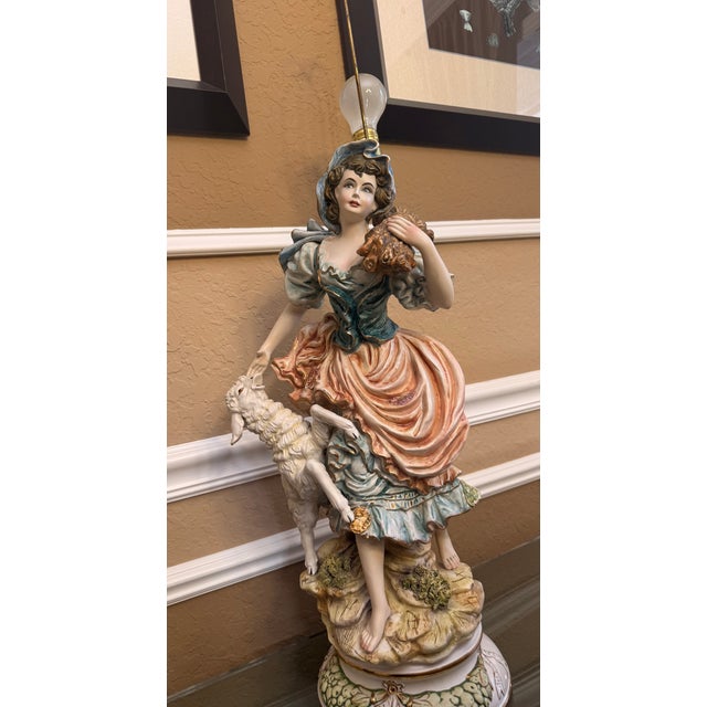 Figurative Vintage Italian Capodimonte-Style Hand Painted Porcelain Pheasant Lady With Lamb Figurine Lamp For Sale - Image 3 of 17
