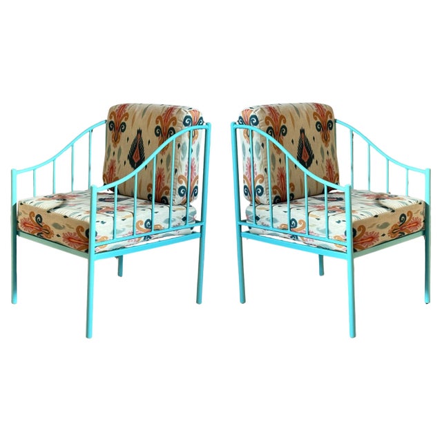 Pair of Wrought Iron Turquoise Lounge Chairs with Outdoor Geometrical Fabric For Sale - Image 15 of 18