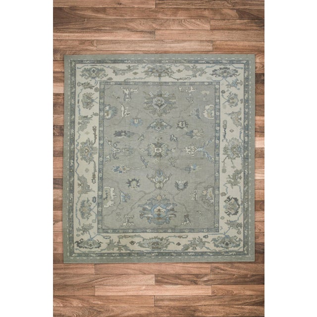 Textile Early 21st Century Gray Floral Design Handwoven Wool Turkish Oushak Rug 8'11" X 9'9" For Sale - Image 7 of 8