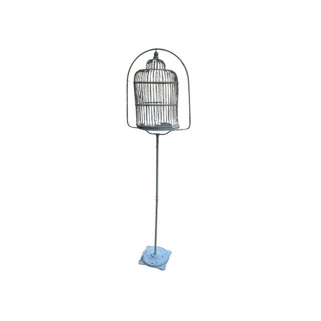 Antique White Wicker Birdcage on Metal Stand Sunroom Garden Decor For Sale - Image 10 of 12