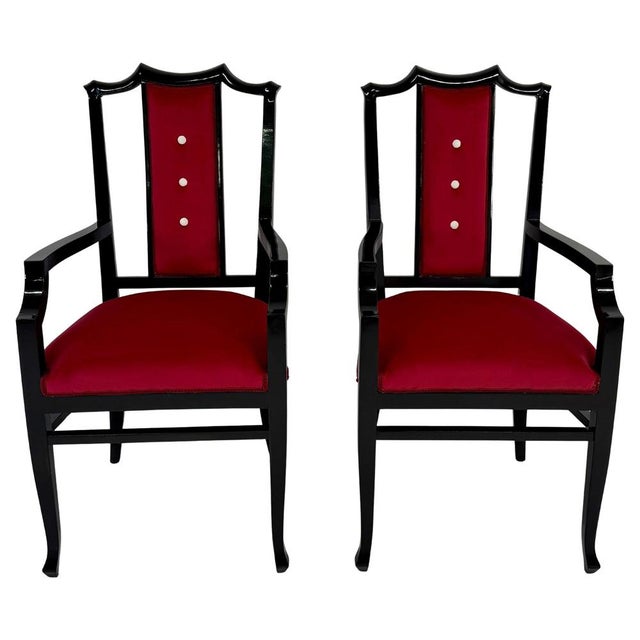 Italian Armchairs in Black Lacquered Wood and Red Velvet, 1980s, Set of 2 For Sale - Image 9 of 9