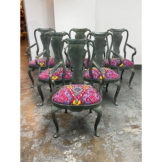 Design Plus Gallery presents a Set of Six Custom Queen Anne Revival Upholstered Armchairs. The wood frames reinterpret...