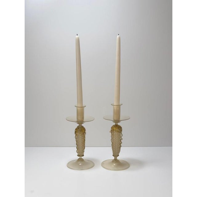 Opaline and Gold Polveri Murano Glass Candlesticks from Gabbiani, Italy, 1980s, Set of 2 For Sale - Image 6 of 10