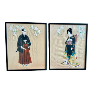 Pair Midcentury Asian Japanese Silk Watercolor Framed Paintings