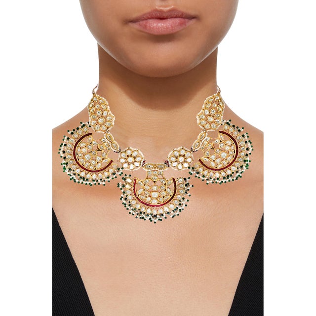 Metal Mughal Magnificent Traditional Kundan Polki Rose Cut Diamond 18 K Bridal Set For Sale - Image 7 of 8