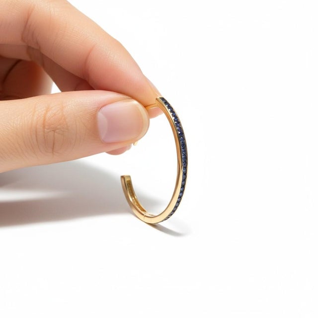 14k Yellow Gold Large Hoop Earrings With 2.15ct Round Sapphires, Pair For Sale - Image 4 of 7
