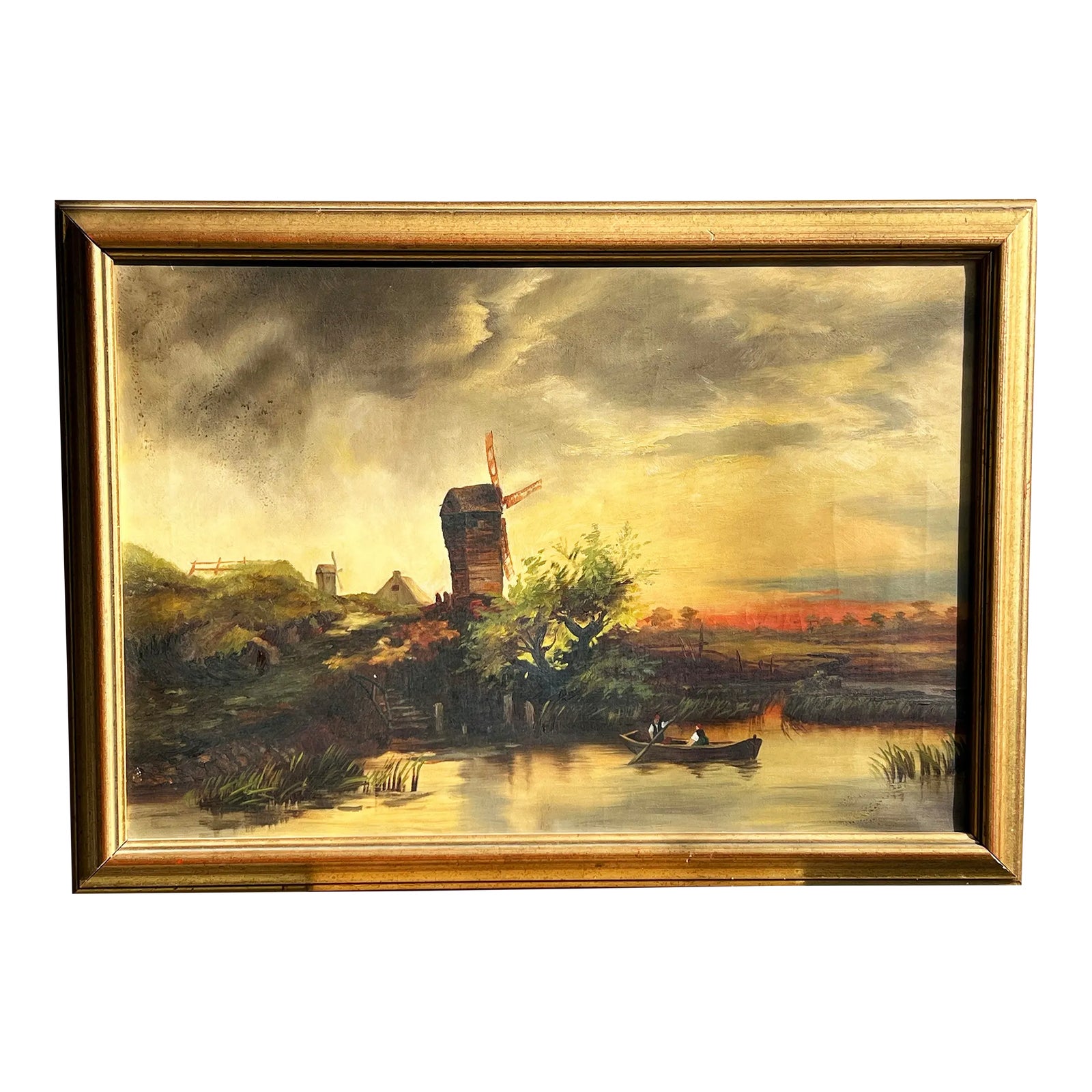 Antique 1880's Oil on Canvas Framed Painting of a Windmill Landscape 28"x20"