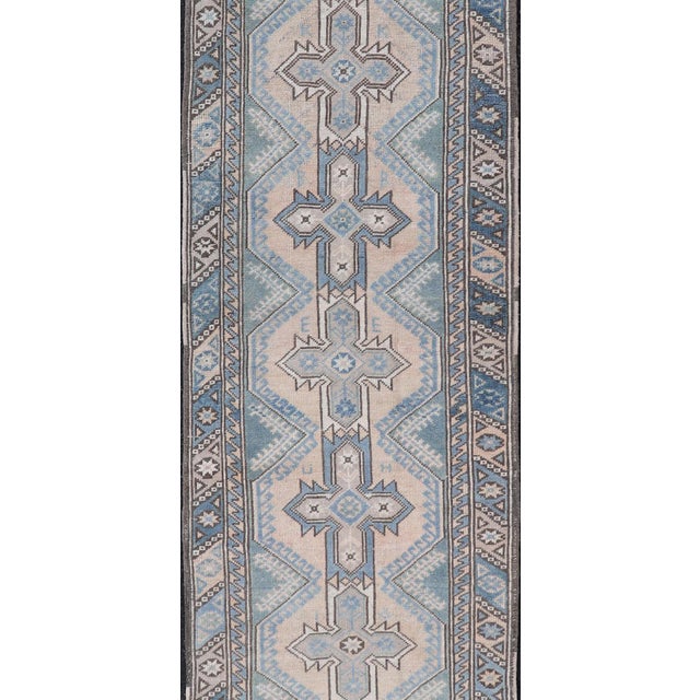 Baby Blue Vintage Turkish Oushak Runner With Geometric Medallions 2'6" X 10' For Sale - Image 8 of 10
