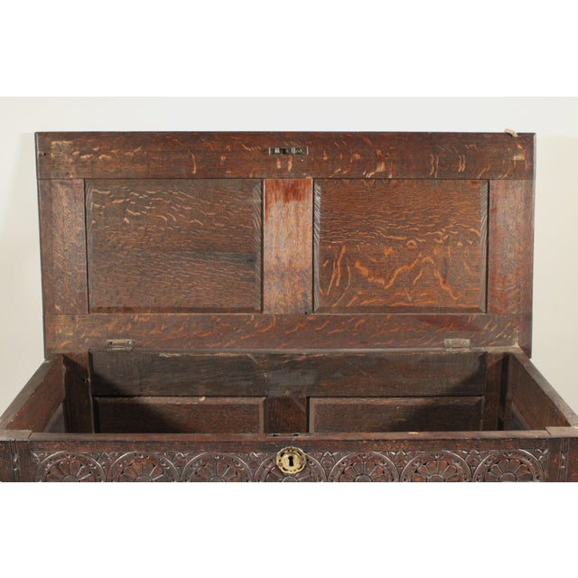 Antique Tudor Style Carved Oak Trunk For Sale - Image 10 of 12