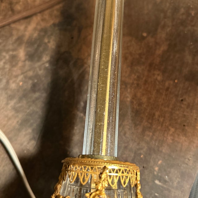 Vintage Mid-Century American Neoclassical Glass & Stamped Brass Table Lamp – With Custom Pleated Hard Plastic Shade For Sale - Image 12 of 12