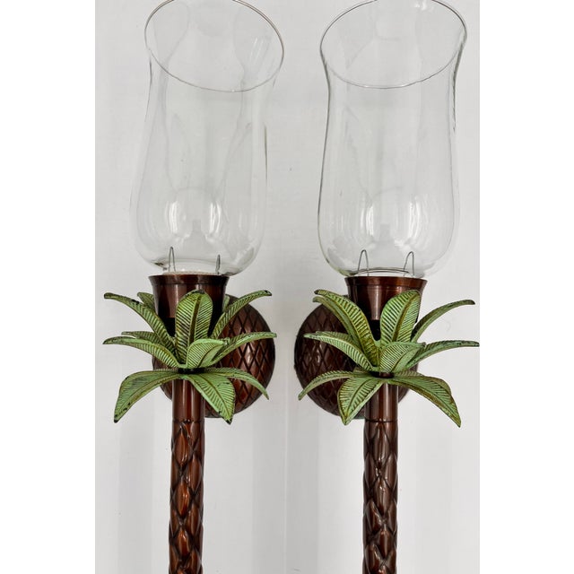 Vintage 1990s Metal Palm Tree Candle Wall Sconces With Glass Hurricane Shades - A Pair For Sale In New York - Image 6 of 12
