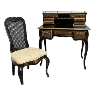 Early 20th Century Chinoiserie-Style Black Lacquer Harpsichord Desk and Matching Cane Back Chair. For Sale