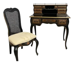 Early 20th Century Chinoiserie-Style Black Lacquer Harpsichord Desk and Matching Cane Back Chair.