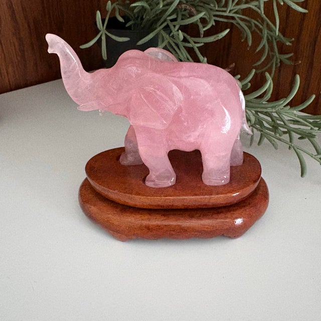 Pink Vintage Rose Quartz Carved Elephants on Stands - A Pair For Sale - Image 8 of 10