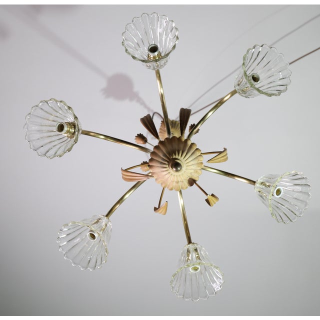 1950 Art Decò Murano Glass and Brass Chandelier, 6 Light For Sale - Image 16 of 18