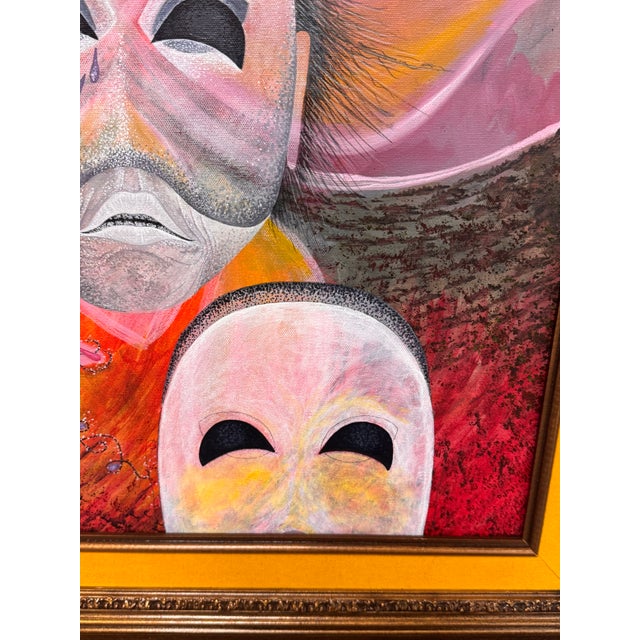 Red Figurative Masks Acrylic Painting, Framed. For Sale - Image 8 of 12