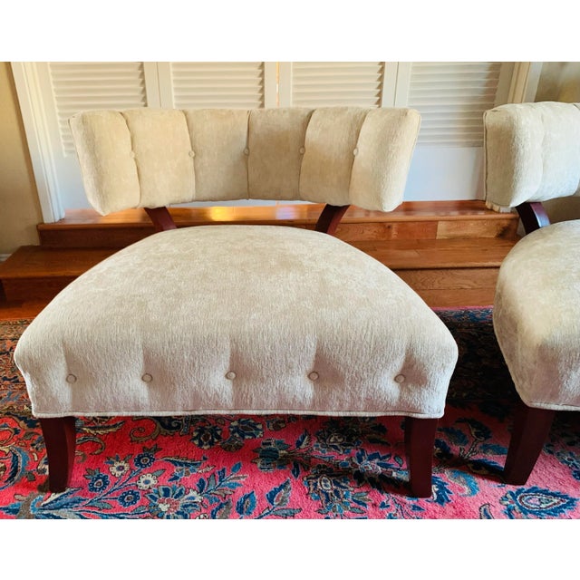 Pair of elegant slipper chairs, tufted backs with gently curving legs, in the manner of Billy Haines, American 1940's....