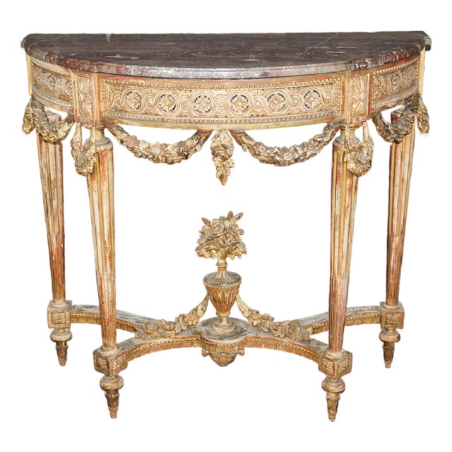 19th Century French Louis XVI Style Distressed Demilune Marble Top Console Table For Sale