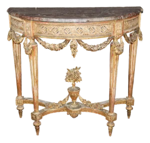 19th Century French Louis XVI Style Distressed Demilune Marble Top Console Table