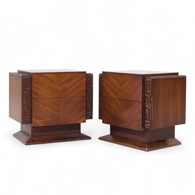 Mid-Century Modern United Mid Century Walnut Tiki Brutalist Nightstands - Pair For Sale - Image 3 of 10