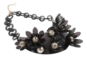 Anthracite Gray Acrylic Necklace with Flowers and Pearls