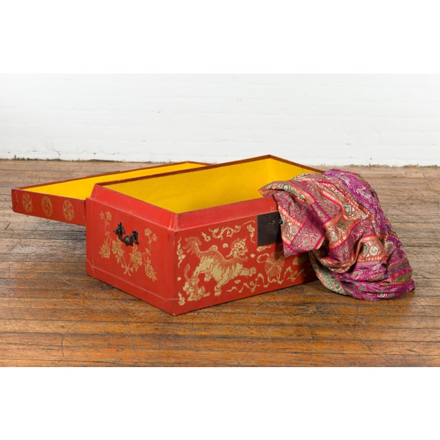 Wood Red Lacquered Chinese Blanket Chest with Gilt Motifs and Guardian Lions For Sale - Image 7 of 12