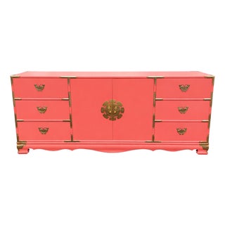 1960s Hollywood Regency Asian-Inspired Dresser in Tucson Coral Lacquer With Brass Hardware – 72” Credenza For Sale