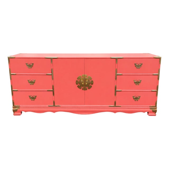 1960s Hollywood Regency Asian-Inspired Dresser in Tucson Coral Lacquer With Brass Hardware – 72” Credenza For Sale