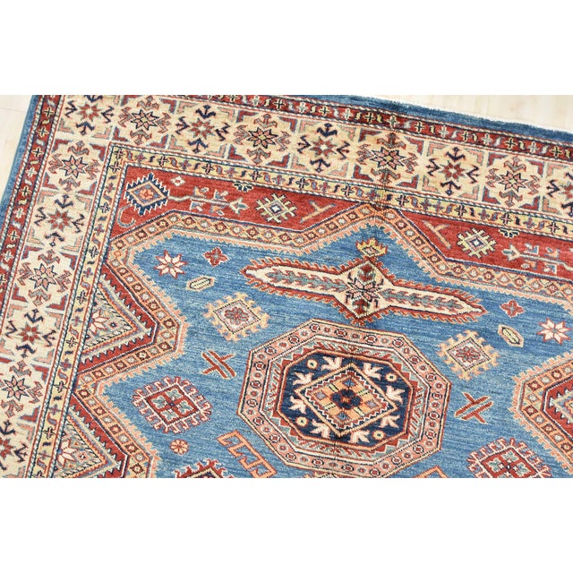 Fine Kazak Rug 5’2” X 6’2” Blue Wool Tribal Hand-Knotted Oriental Carpet For Sale In Philadelphia - Image 6 of 12