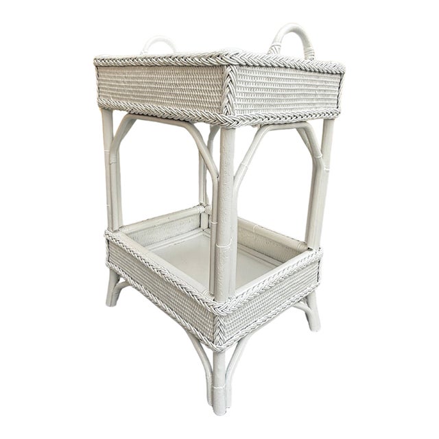 Vintage White Woven Rattan 2-Tier Bar Cart/Accent Table For Sale