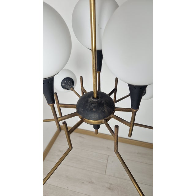 Twelve-Light Brass Chandelier with Opaline Spheres from Stilnovo, 1950s For Sale - Image 6 of 16
