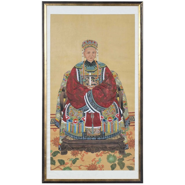 Chinoiserie Pair Vintage Chinese Ancestral Painted on Silk Framed Portraits For Sale - Image 3 of 8