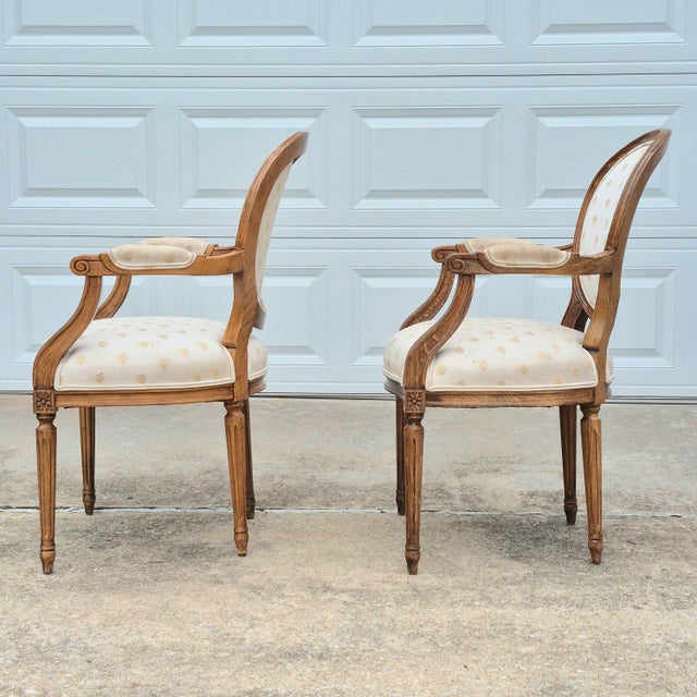 1990s Century Furniture Louis XVI Oak Open Arm Chairs Fauteuils for Reupholstery, a Pair For Sale - Image 10 of 12