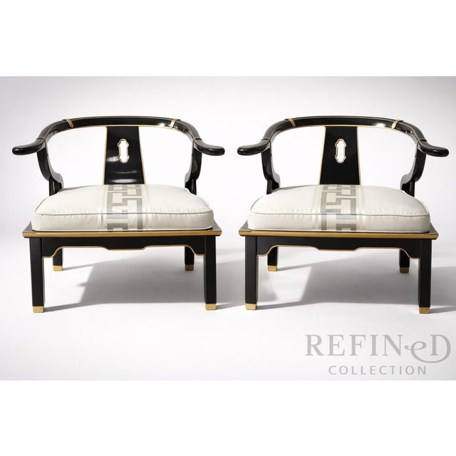 Chinoiserie 1980s Pair of James Mont–Style Black Lacquer & Brass Lounge Chairs by Century Furniture in Colefax & Fowler Silk For Sale - Image 3 of 16