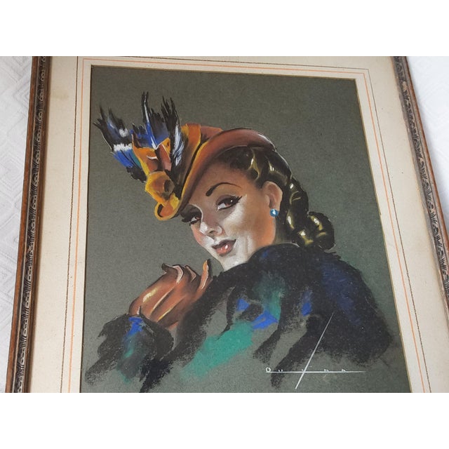 A circa 1940s Original Illustration of a Lady. The Lady is wearing a feathered hat. She is worked in a combination of...