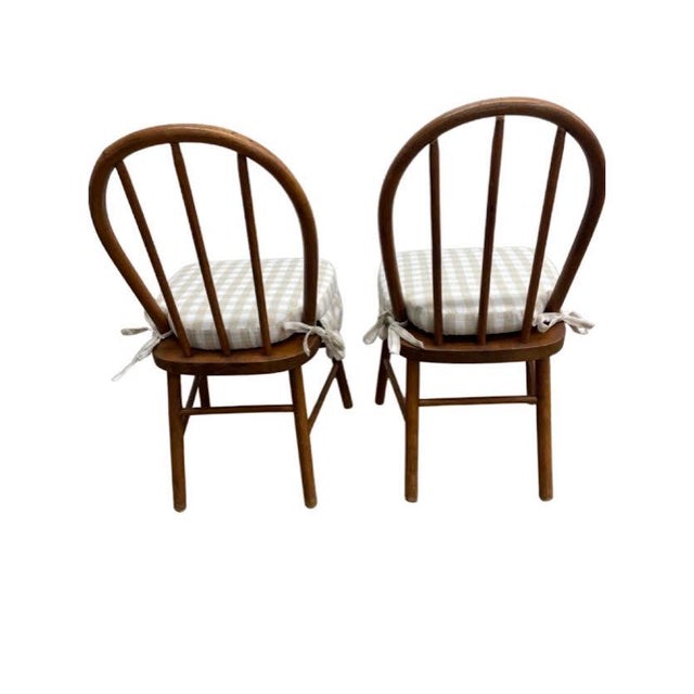 Pair of Children’s Chairs with Gingham Scalloped Cushions Adorable pair of vintage children’s wooden chairs paired with...
